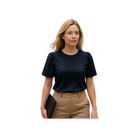 Part Two Navy Gathered Sleeve T-Shirt, Organic Cotton, Size S - Picture 7 of 7